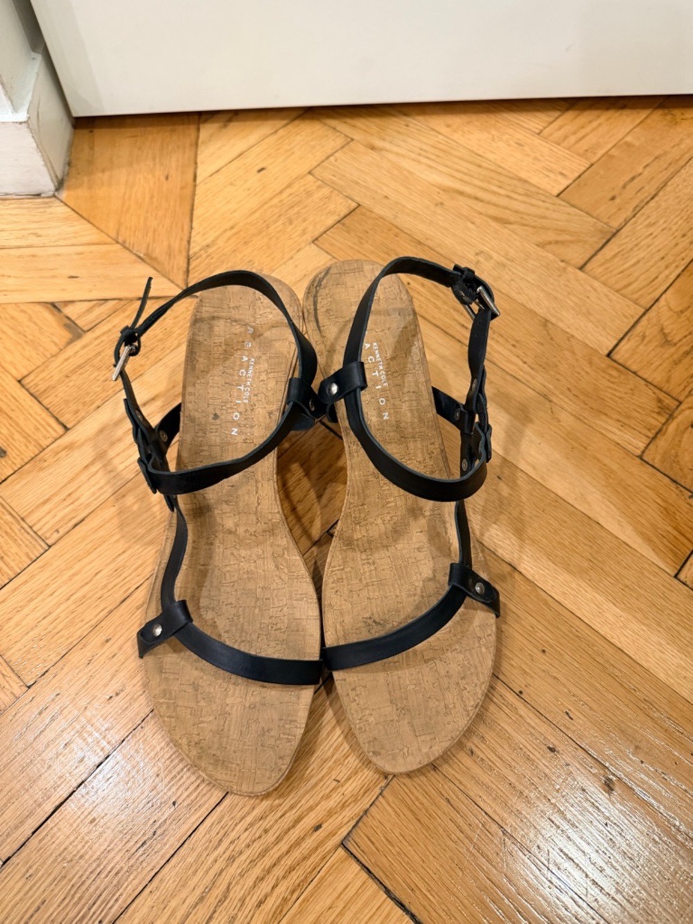 Kenneth Cole Reaction Black Strap Wedge Sandals Size 11 – Cork/Wood Wedge, 3.5” - Picture 3 of 5